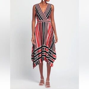 Karl Lagerfeld | Red White Blue Striped Sleeveless Handkerchief Hem Midi Dress 0